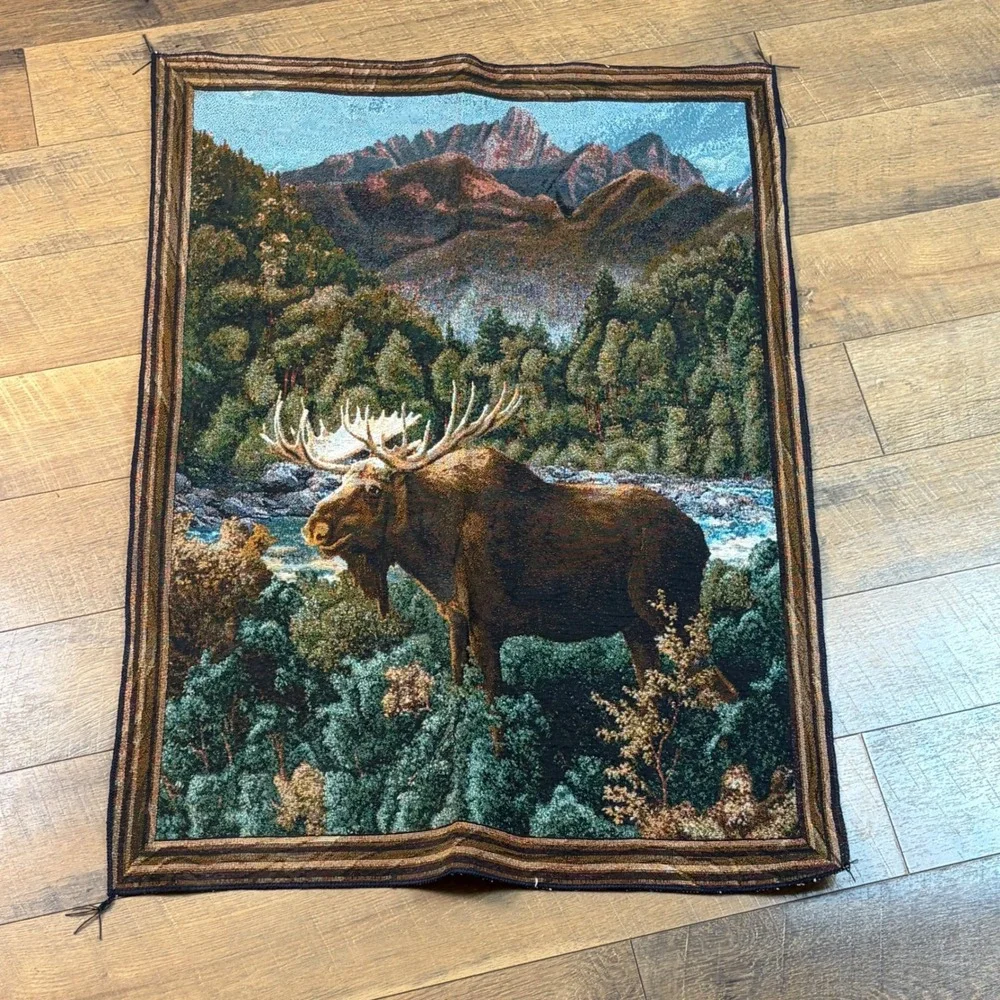Vintage Moose Mountain River Woven Wall Tapestry Cabin Lodge Rustic 35x26